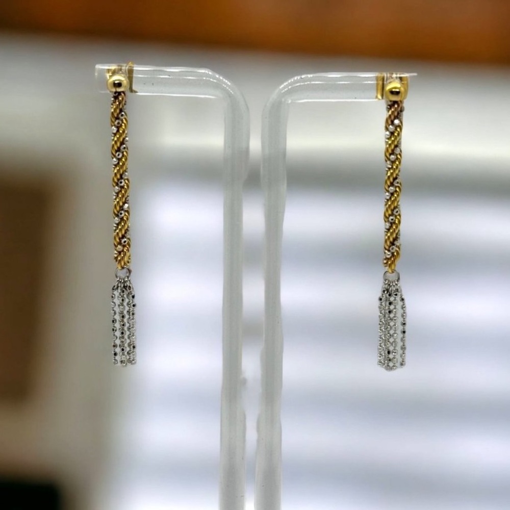 14K Yellow Gold + White Gold Twisted Rope Tassel Earrings, solid gold - Picture 15 of 17